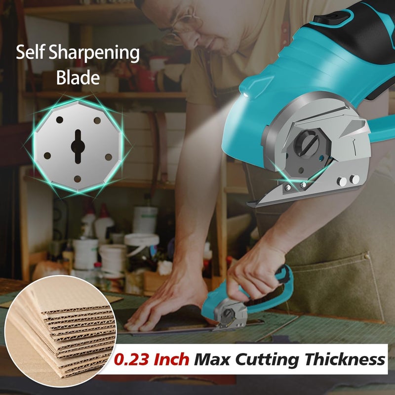 Mershca Cordless Electric Scissors, 4V Rechargeable Box Cutter & Cardboard Cutter with Titanium Blade, LED Light, Safety Lock - Rotary Cutter for Fabric, Leather, Carpet, Plastic, Crafting, Sewing(Turquoise) - Image 2
